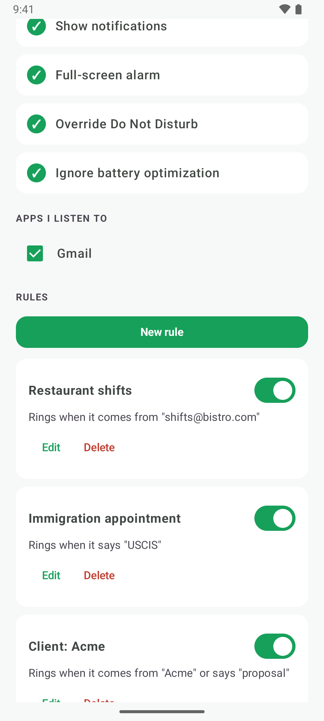 The rules screen, with rules for restaurant shifts, an immigration appointment and a client